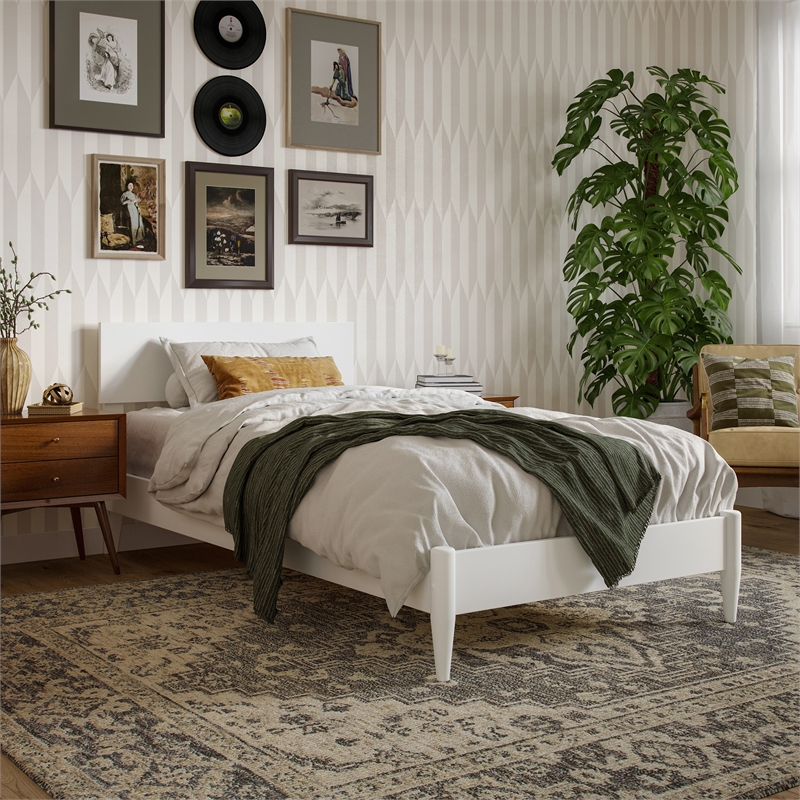Aria Twin XL Solid Wood Modern Low Profile Platform Bed in White