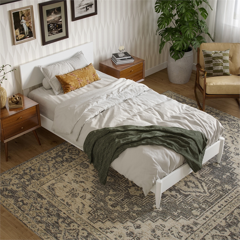 Aria Twin XL Solid Wood Modern Low Profile Platform Bed in White