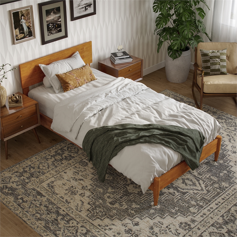 Aria Twin XL Solid Wood Modern Low Profile Platform Bed in Light Toffee