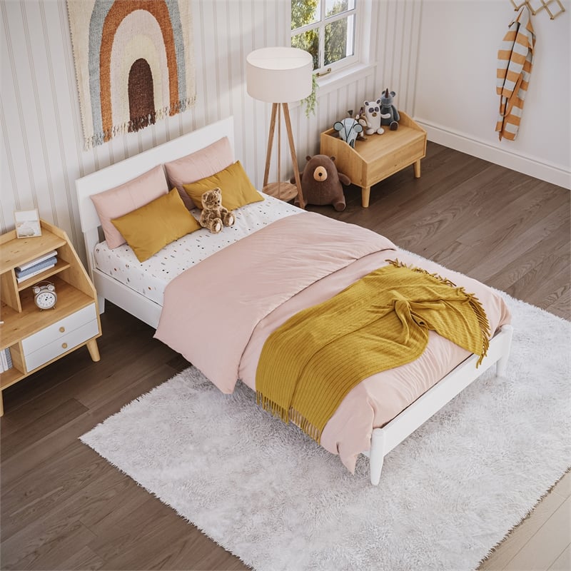 Aria Twin Solid Wood Modern Low Profile Platform Bed in White