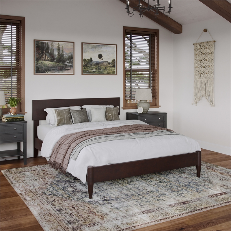 Aria Full Solid Wood Modern Low Profile Platform Bed in Espresso