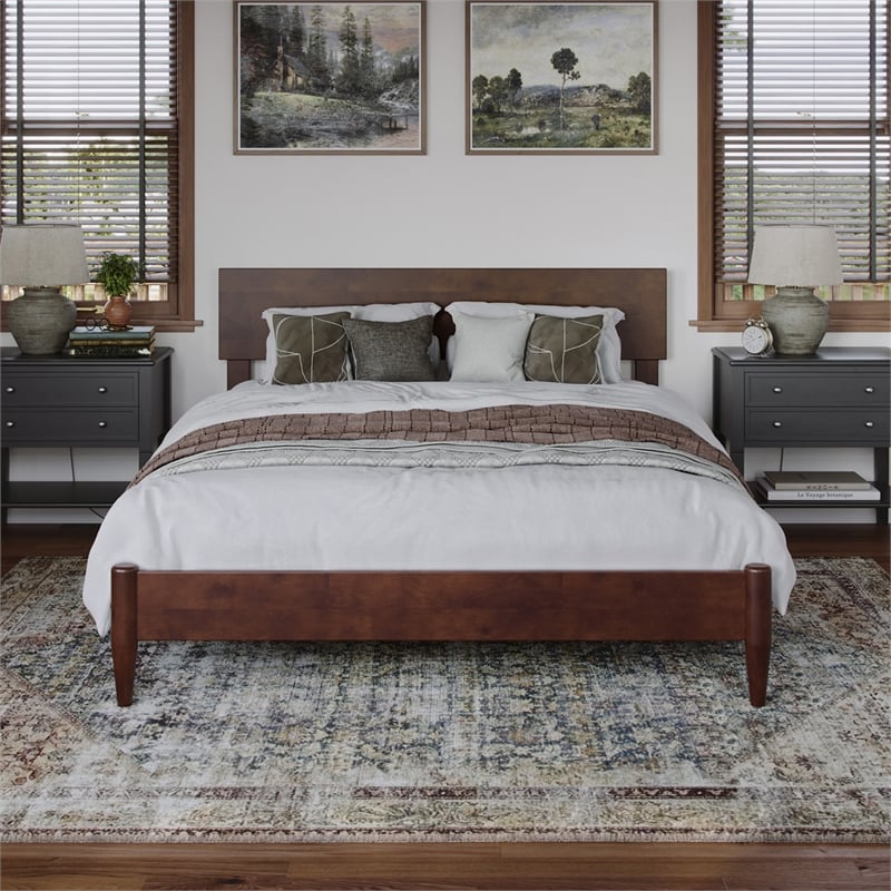 Aria Full Solid Wood Modern Low Profile Platform Bed in Walnut