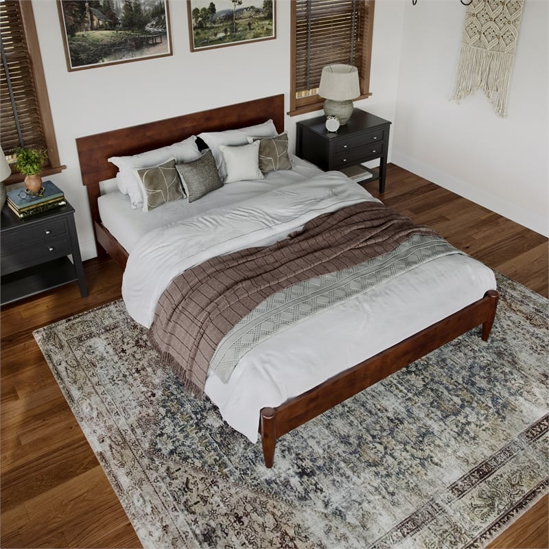 Aria Full Solid Wood Modern Low Profile Platform Bed in Walnut