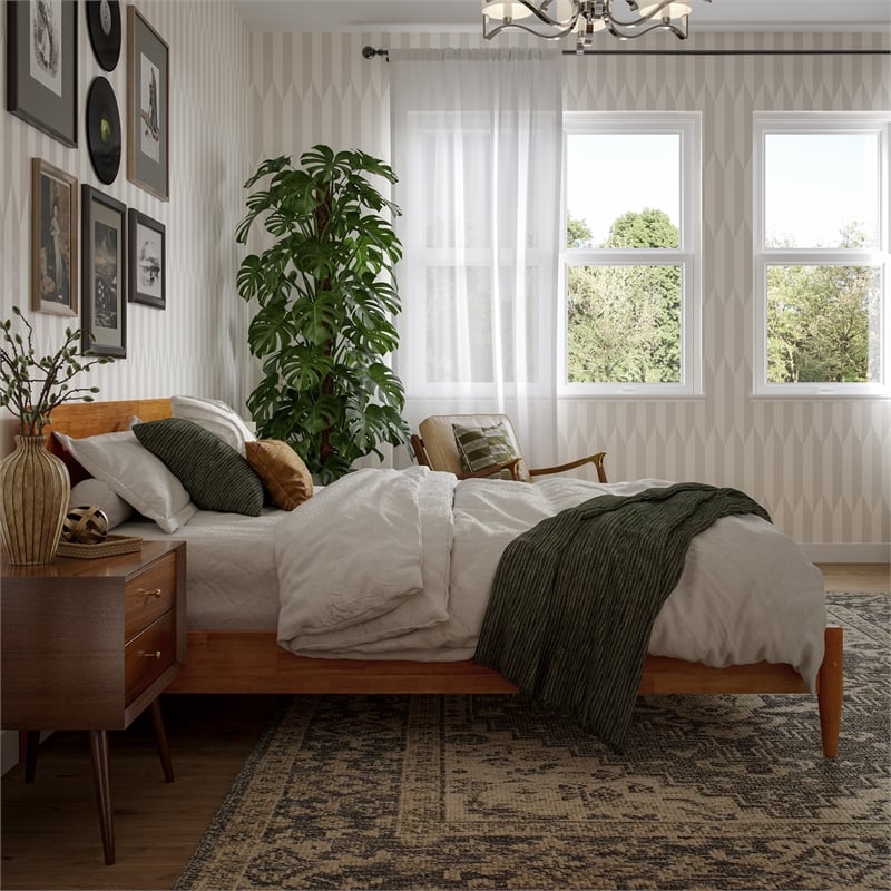 Aria Full Solid Wood Modern Low Profile Platform Bed in Light Toffee