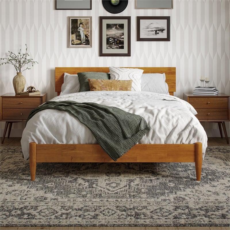 Aria Full Solid Wood Modern Low Profile Platform Bed in Light Toffee