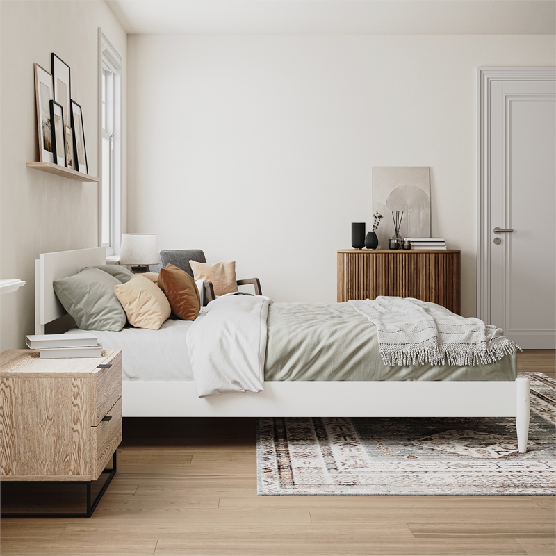 Aria Queen Solid Wood Modern Low Profile Platform Bed in White