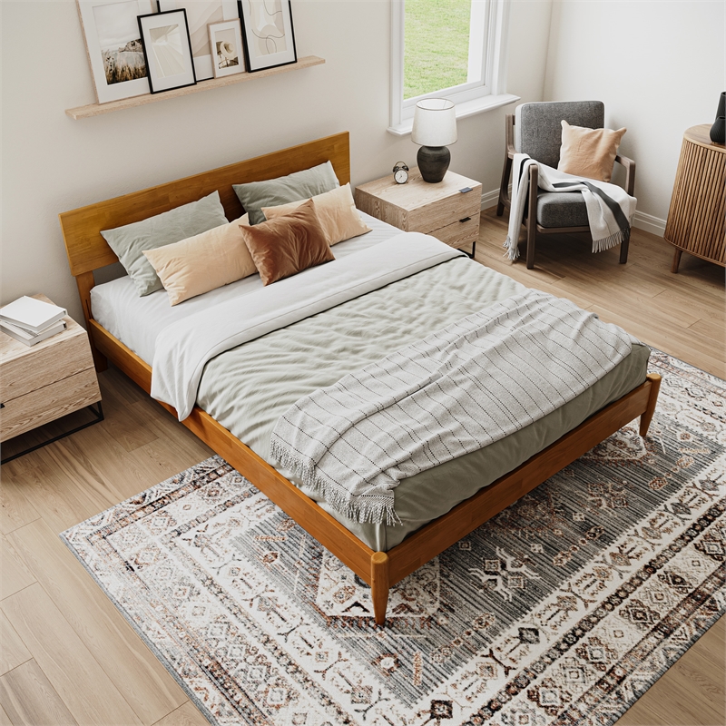 Aria Queen Solid Wood Modern Low Profile Platform Bed in Light Toffee