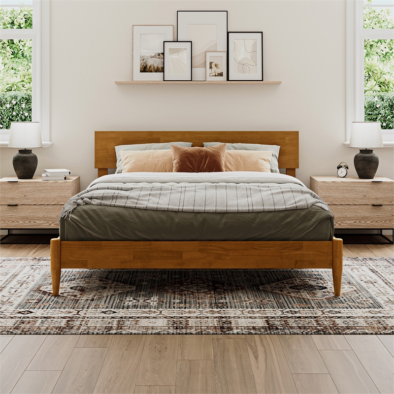 Aria Queen Solid Wood Modern Low Profile Platform Bed in Light Toffee