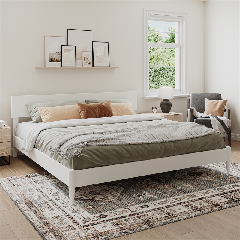 Aria King Solid Wood Modern Low Profile Platform Bed in White