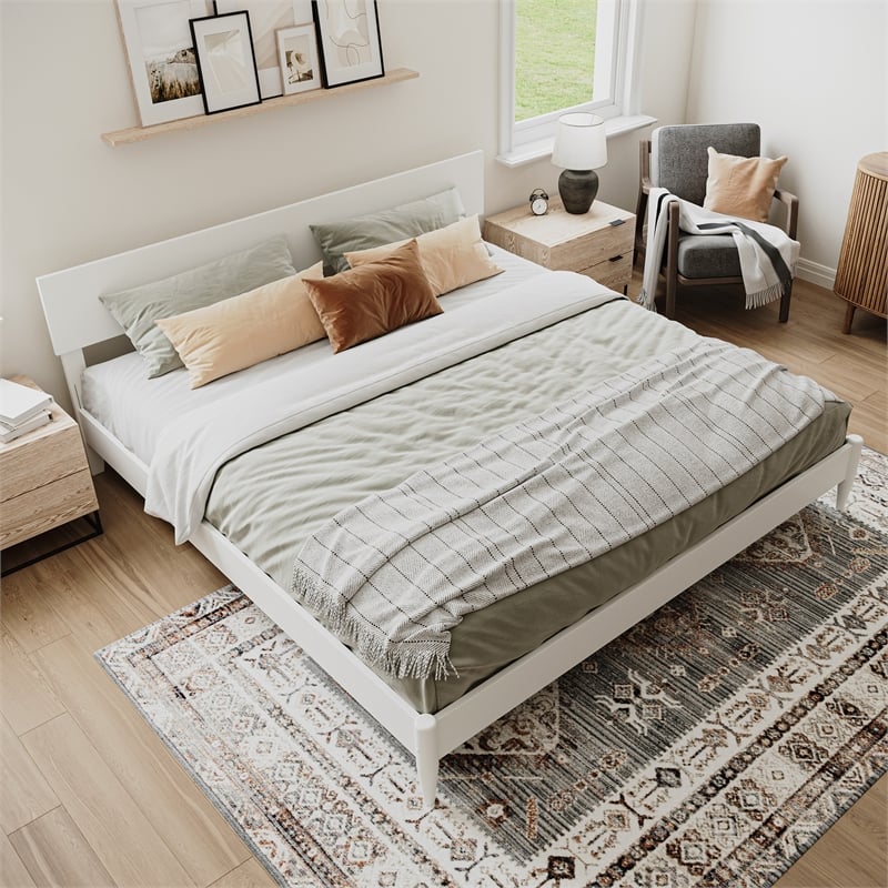 Aria King Solid Wood Modern Low Profile Platform Bed in White