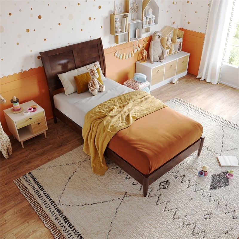 Valencia Twin Solid Wood Low Profile Sleigh Platform Bed in Walnut