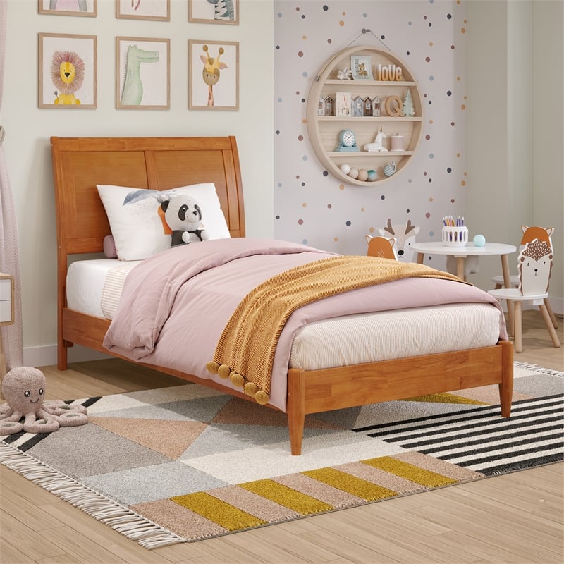 Valencia Twin Solid Wood Low Profile Sleigh Platform Bed in Light Toffee