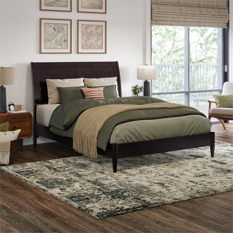 Valencia Full Solid Wood Low Profile Sleigh Platform Bed in Espresso