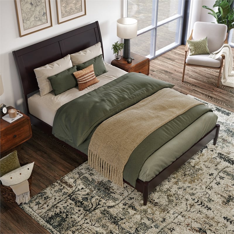 Valencia Full Solid Wood Low Profile Sleigh Platform Bed in Espresso