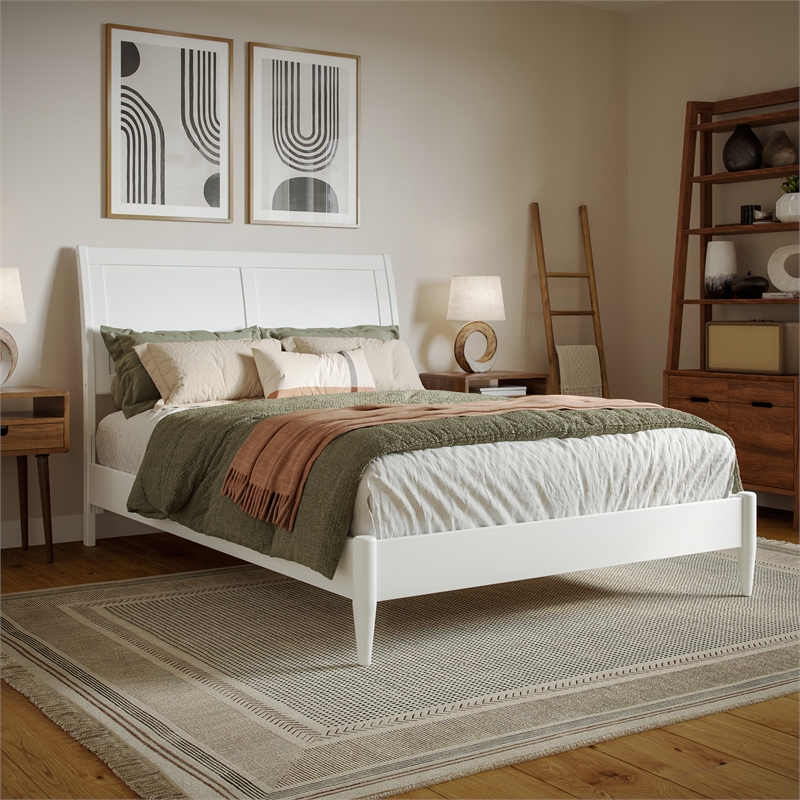Valencia Full Solid Wood Low Profile Sleigh Platform Bed in White