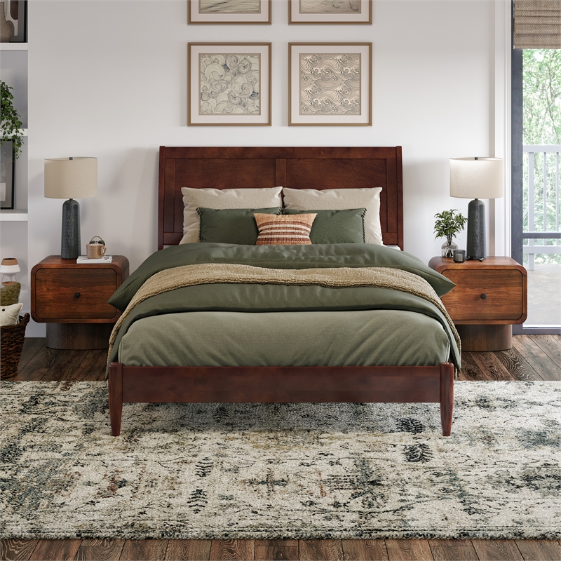 Valencia Full Solid Wood Low Profile Sleigh Platform Bed in Walnut