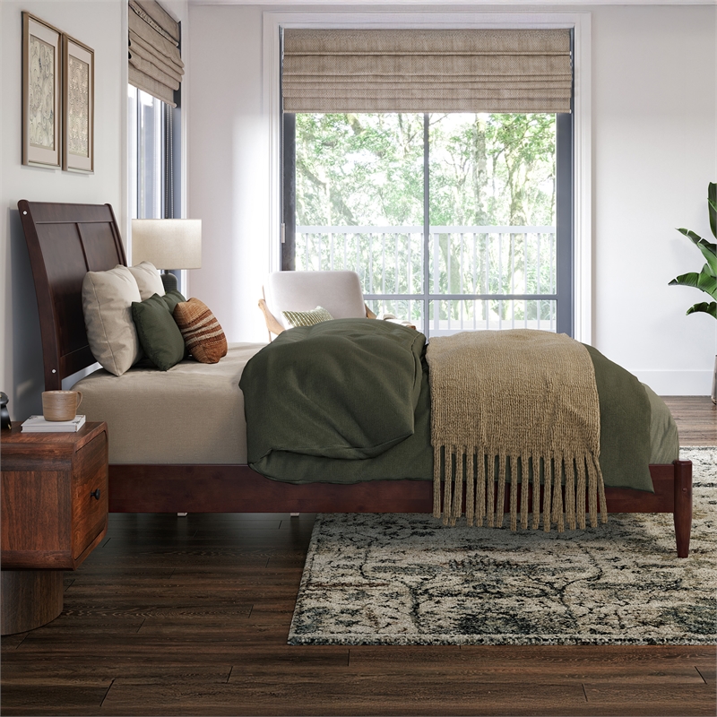 Valencia Full Solid Wood Low Profile Sleigh Platform Bed in Walnut