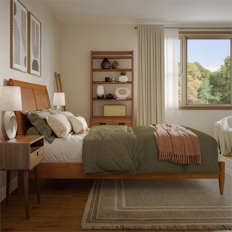 Valencia Full Solid Wood Low Profile Sleigh Platform Bed in Light Toffee