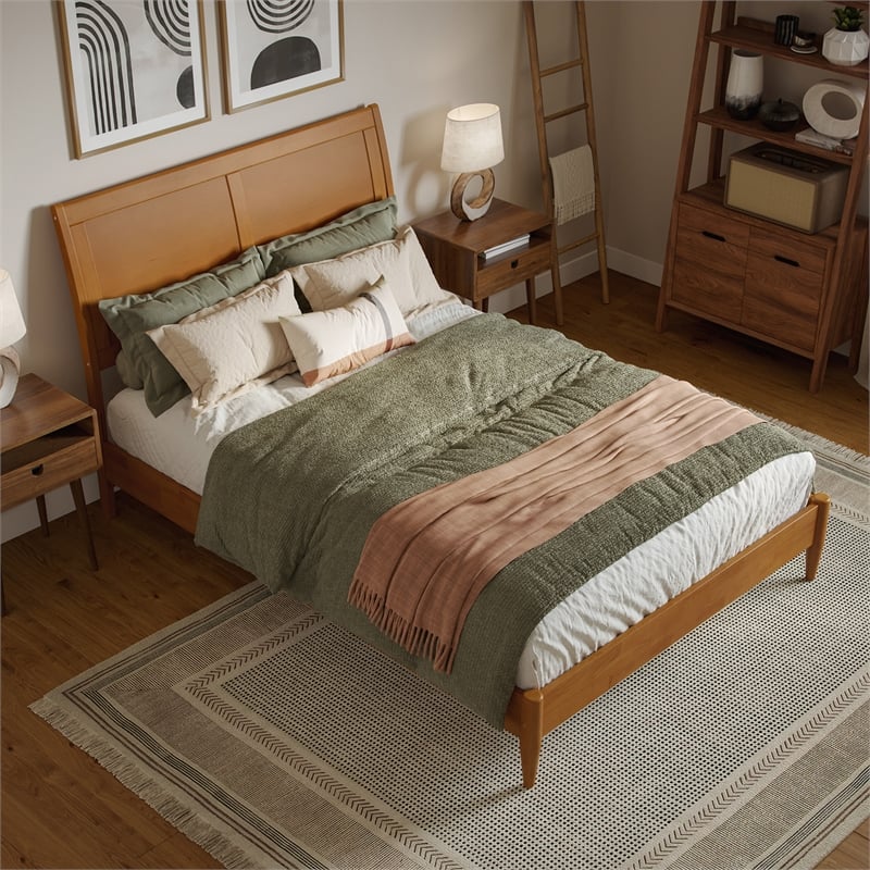 Valencia Full Solid Wood Low Profile Sleigh Platform Bed in Light Toffee