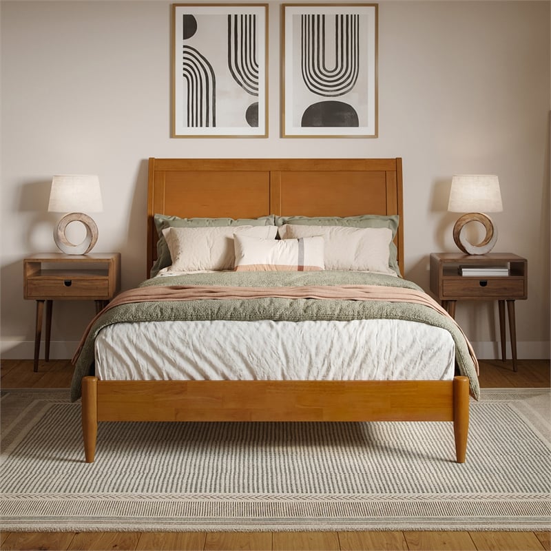 Valencia Full Solid Wood Low Profile Sleigh Platform Bed in Light Toffee