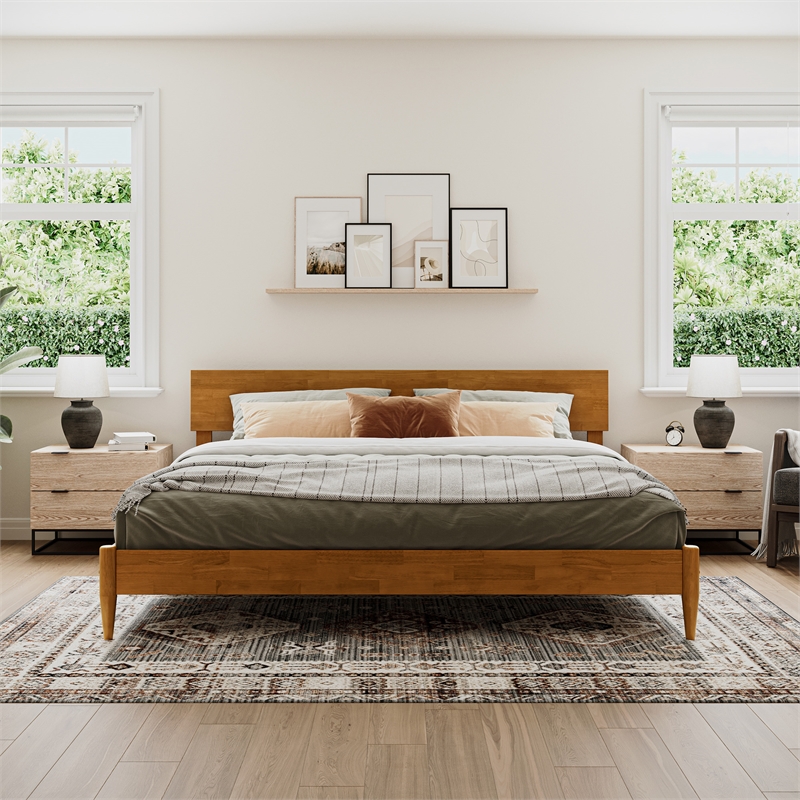 Aria King Solid Wood Modern Low Profile Platform Bed in Light Toffee