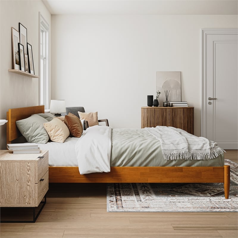 Aria King Solid Wood Modern Low Profile Platform Bed in Light Toffee