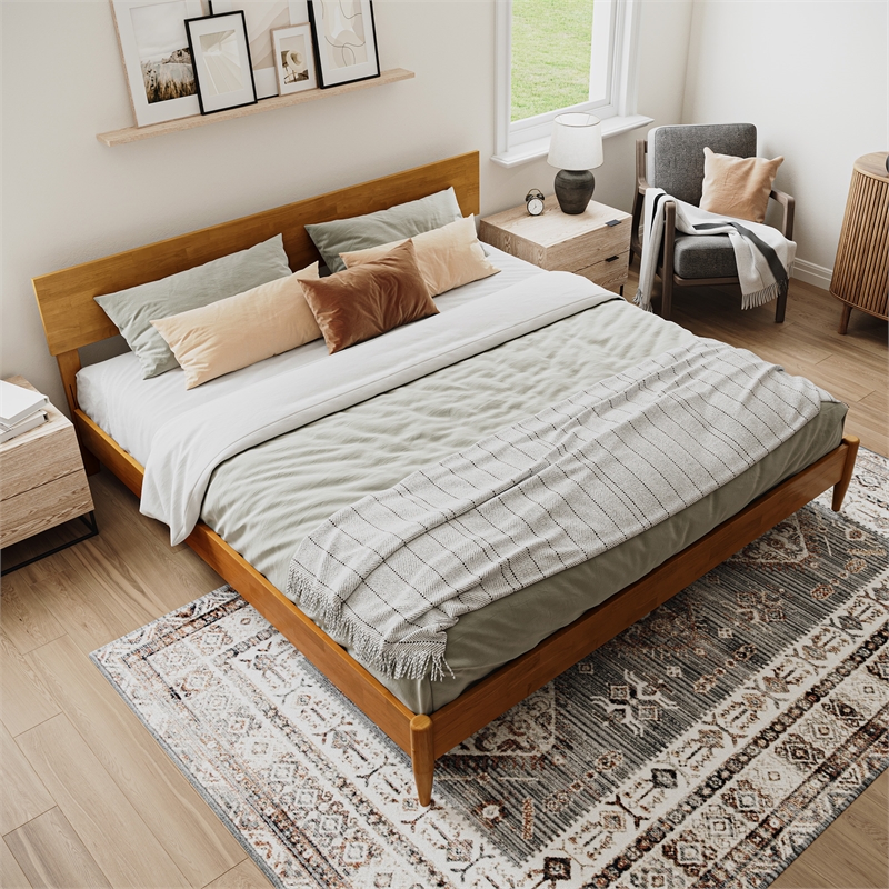 Aria King Solid Wood Modern Low Profile Platform Bed in Light Toffee