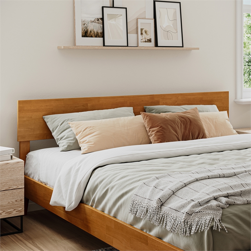 Aria King Solid Wood Modern Low Profile Platform Bed in Light Toffee