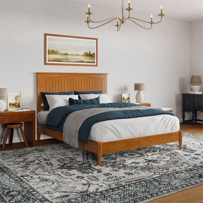 Naples Queen Wood Low Profile Platform Bed in Light Toffee