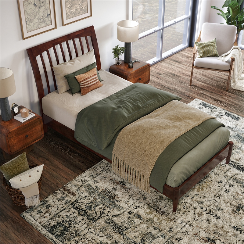 AFI Orleans Twin XL Solid Wood Low Profile Sleigh Platform Bed in Walnut