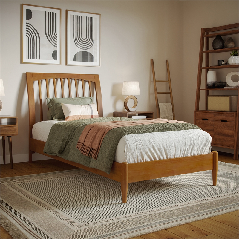 AFI Orleans Twin XL Solid Wood Low Profile Sleigh Platform Bed in Light Toffee