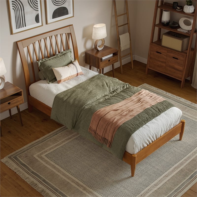 AFI Orleans Twin XL Solid Wood Low Profile Sleigh Platform Bed in Light Toffee