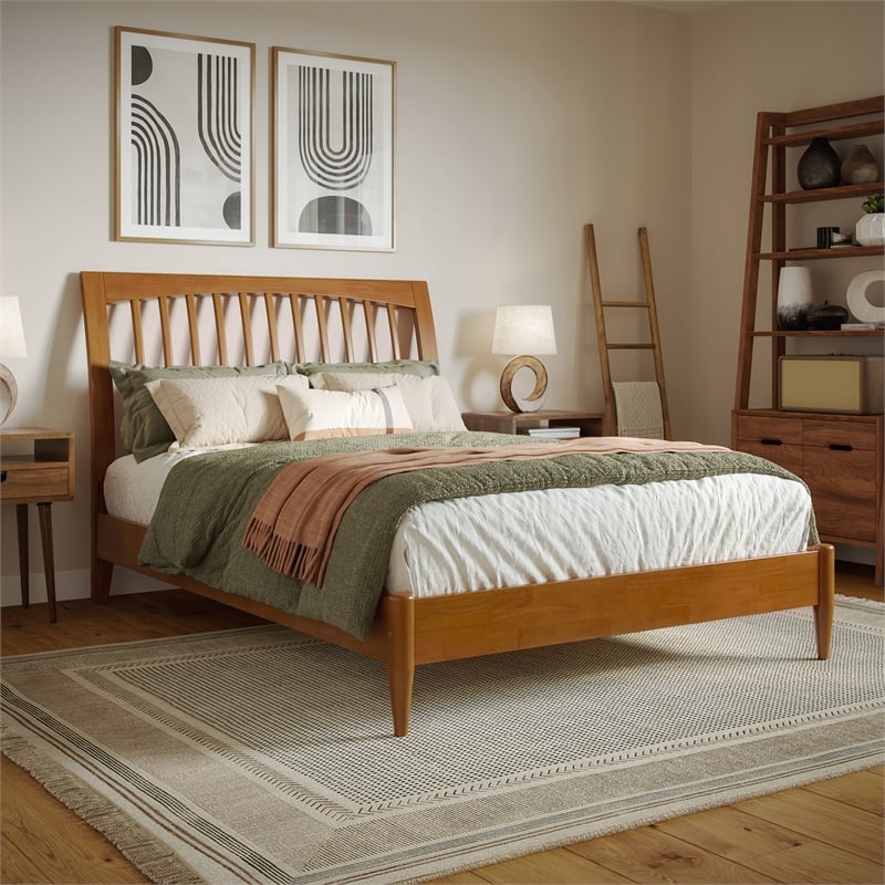 AFI Orleans Full Solid Wood Low Profile Sleigh Platform Bed in Light Toffee
