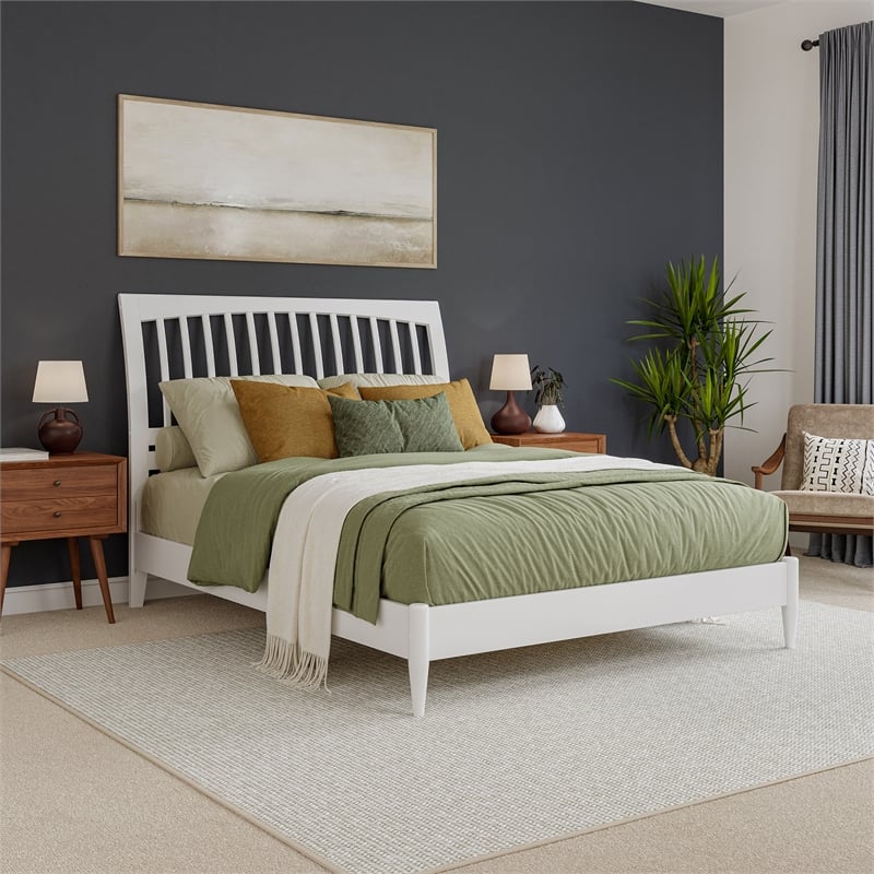 AFI Orleans Solid Wood Low Profile Sleigh Queen Platform Bed in White