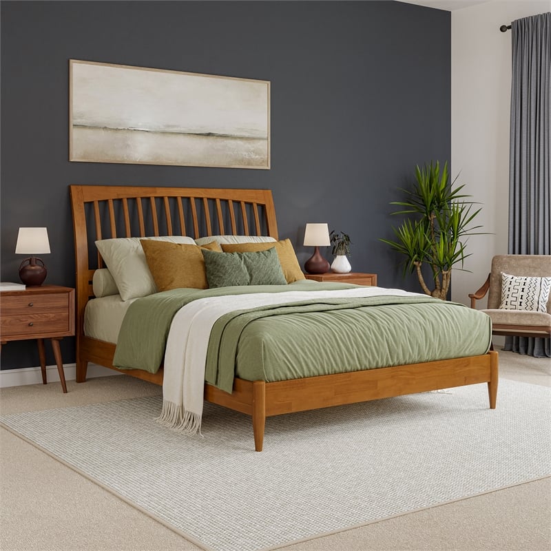 AFI Orleans Solid Wood Low Profile Sleigh Queen Platform Bed in Light Toffee