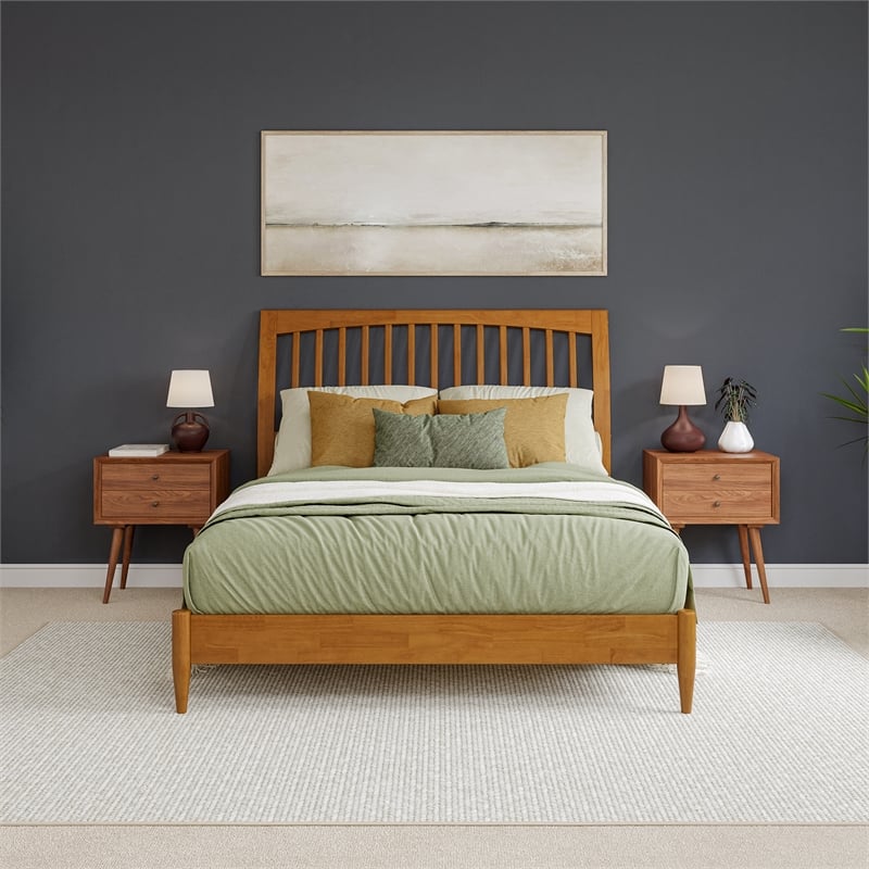 AFI Orleans Solid Wood Low Profile Sleigh Queen Platform Bed in Light Toffee