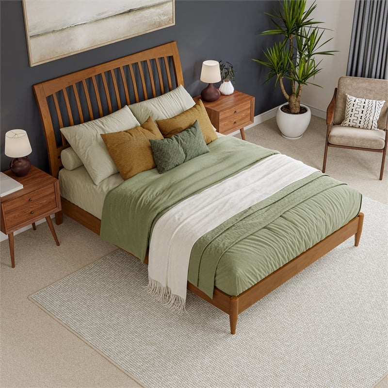 AFI Orleans Solid Wood Low Profile Sleigh Queen Platform Bed in Light Toffee