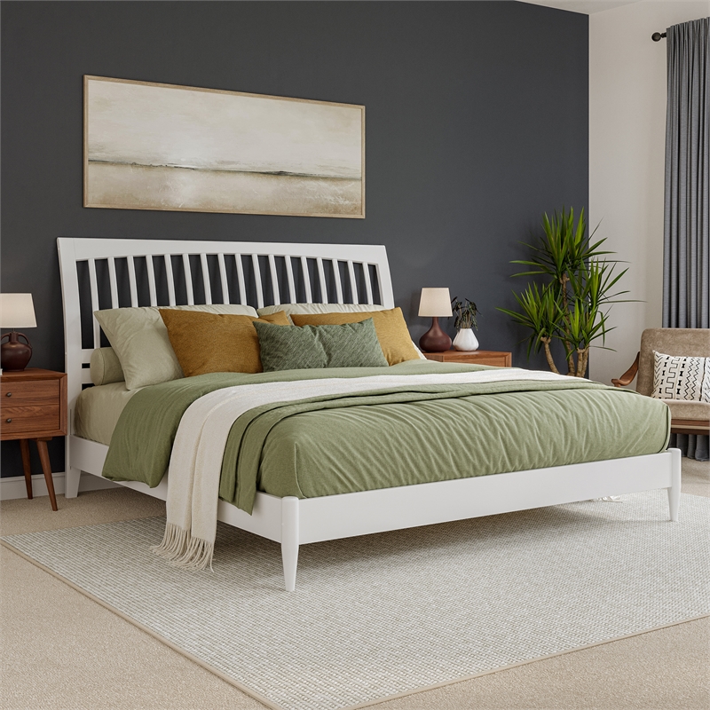AFI Orleans Solid Wood Low Profile Sleigh King Platform Bed in White