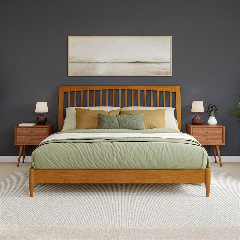 AFI Orleans Solid Wood Low Profile Sleigh King Platform Bed in Light Toffee