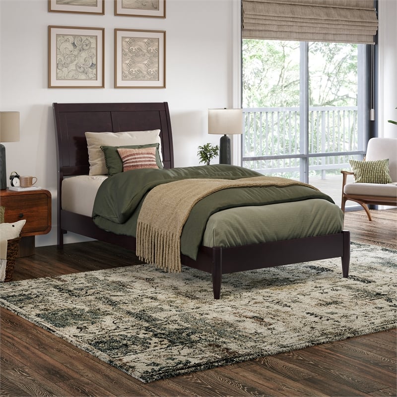 Valencia Twin XL Solid Wood Low Profile Sleigh Platform Bed in Espresso