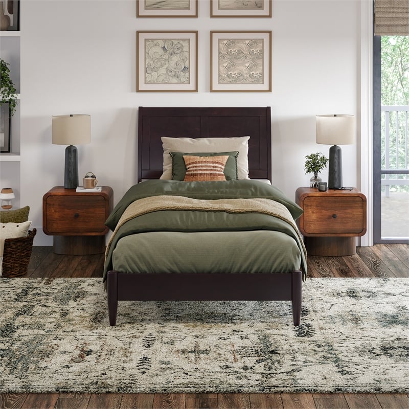 Valencia Twin XL Solid Wood Low Profile Sleigh Platform Bed in Espresso