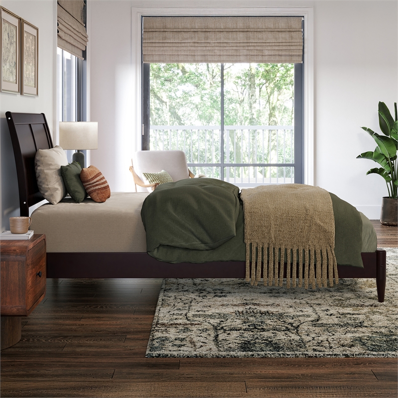 Valencia Twin XL Solid Wood Low Profile Sleigh Platform Bed in Espresso