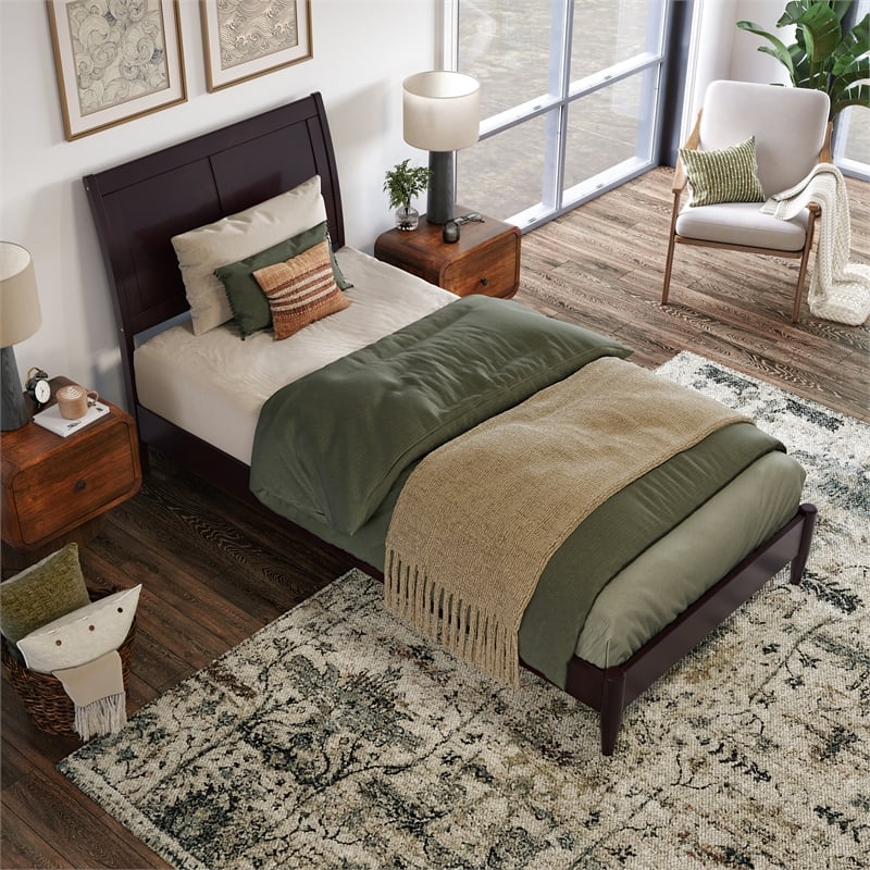 Valencia Twin XL Solid Wood Low Profile Sleigh Platform Bed in Espresso