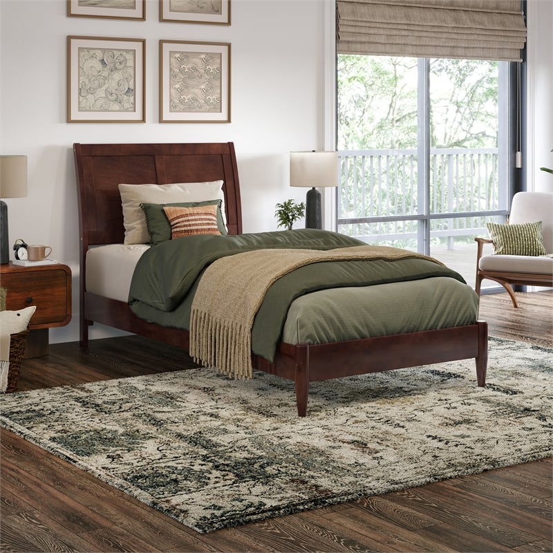 Valencia Twin XL Solid Wood Low Profile Sleigh Platform Bed in Walnut