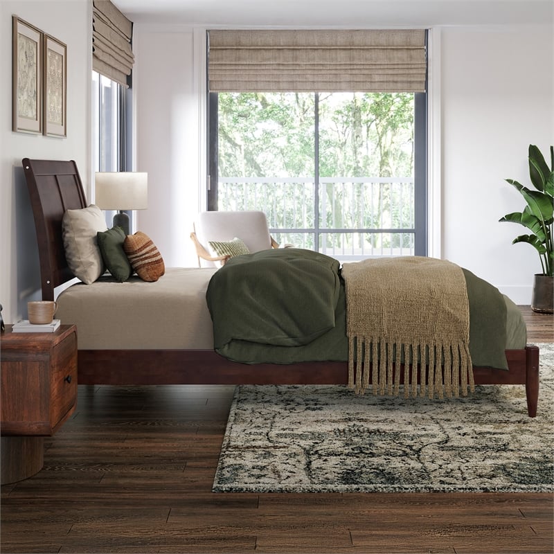 Valencia Twin XL Solid Wood Low Profile Sleigh Platform Bed in Walnut