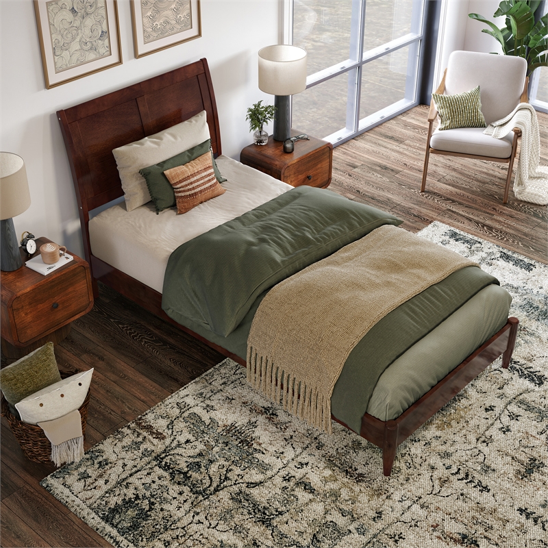 Valencia Twin XL Solid Wood Low Profile Sleigh Platform Bed in Walnut