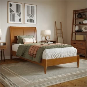 Valencia Twin XL Solid Wood Low Profile Sleigh Platform Bed in Light Toffee
