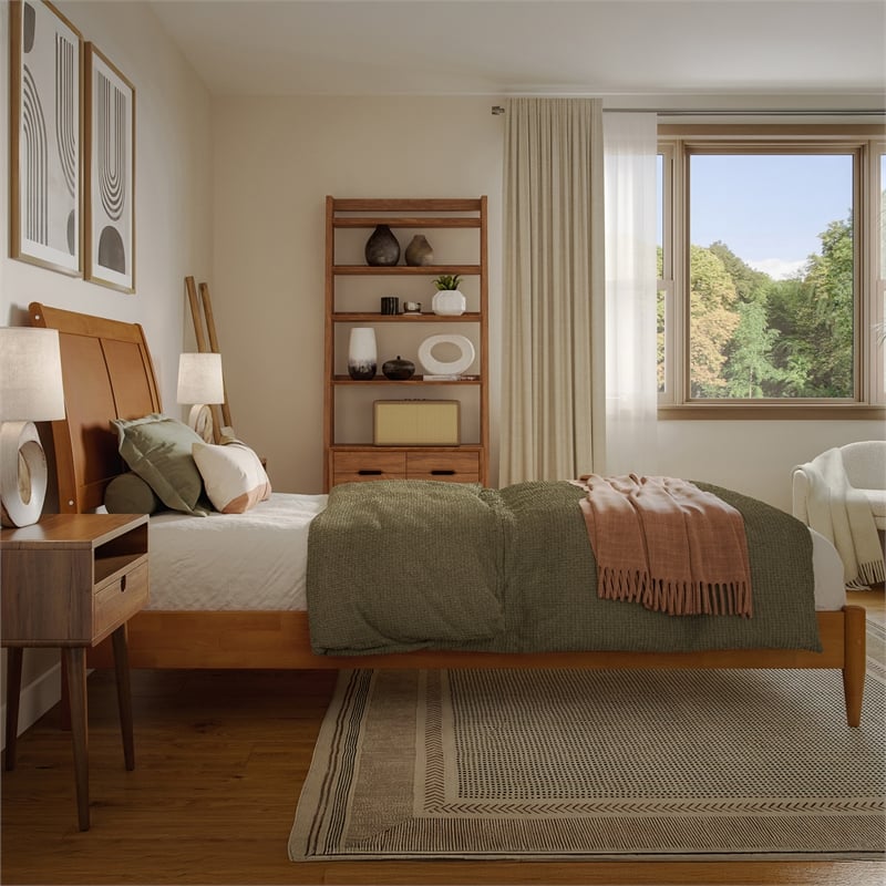 Valencia Twin XL Solid Wood Low Profile Sleigh Platform Bed in Light Toffee