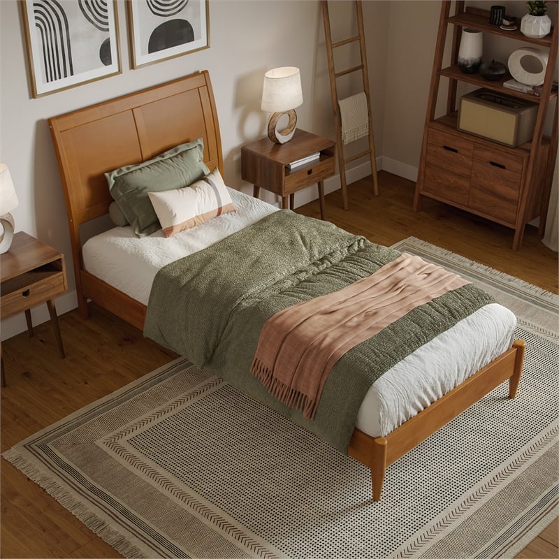 Valencia Twin XL Solid Wood Low Profile Sleigh Platform Bed in Light Toffee