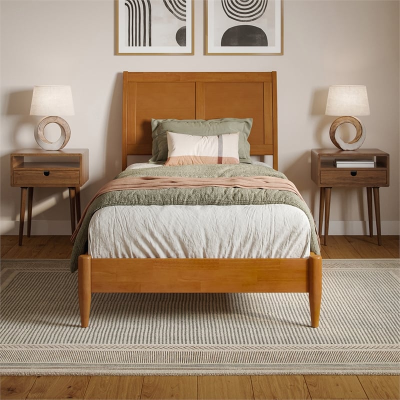 Valencia Twin XL Solid Wood Low Profile Sleigh Platform Bed in Light Toffee